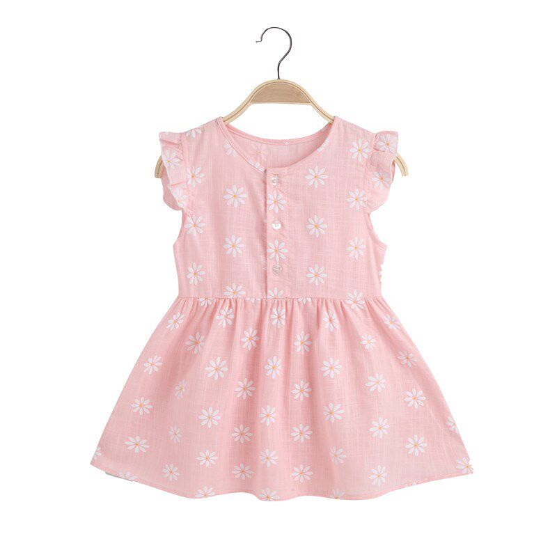 Girls Dress 2025 Summer Kids Cotton Linen Floral Vest Dress图片