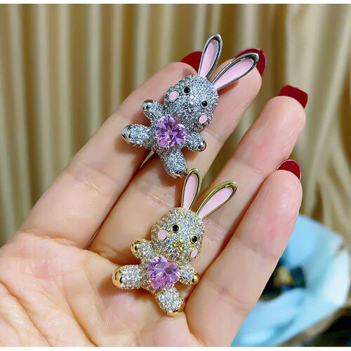 Brooch Cute Rabbit Collar Pin Accessories Set Zircon Pink Co