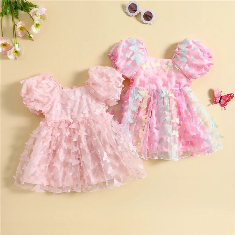 Kids Girls Summer Tulle Princess Dresses Puff Sleeve 3D Butt图片