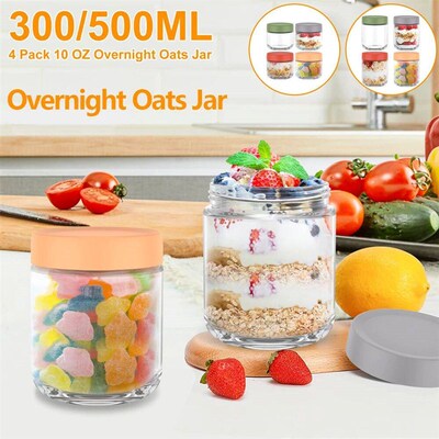 4Pcs 300/500ml Overnight Oats Jar Clear Glass Food Sealed Ca