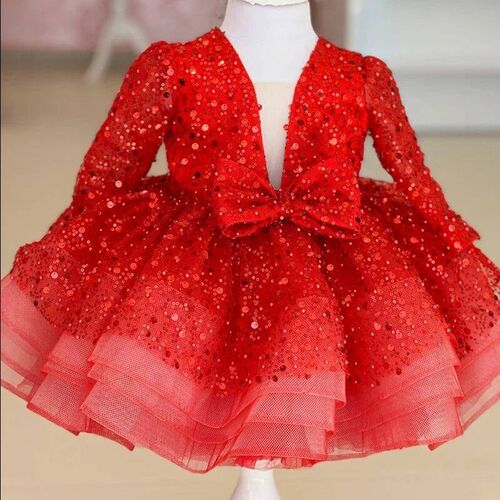 Flower Girl Dresses Cute Pink Glitter Sequined Shiny Puffy O