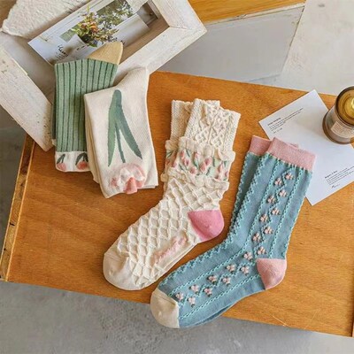 4pcs Women Socks Long Tube White Cute Socks Absorb Sweat And