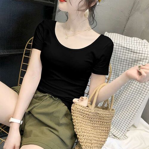 White ort-sleeved T-irt Womens Summer Solid Color Slim-fit