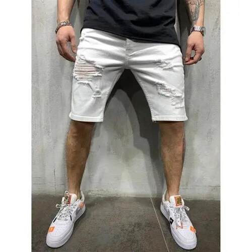 Perforated Mens Denim Shorts Ripped Jeans European and Ameri