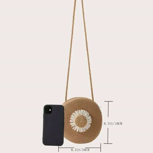 Flower Graphic Circle Straw Bag, Vintage Shoulder Beach Bag,