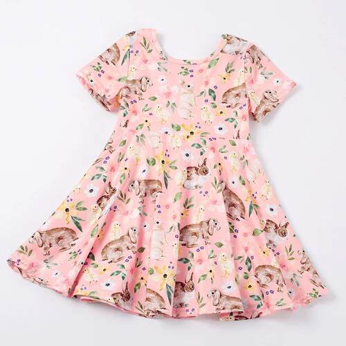 Girlymax Spring Easter Baby Girls Pink Bunny Print Knee Leng