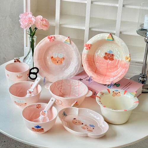 Pink Bear Ceramic Bowls Plates Cute Hand-Painted Tableware