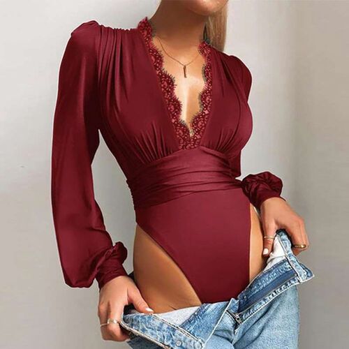 D1255 Autumn Solid Color Deep V-neck Lace Slim-fit Jumpsuit