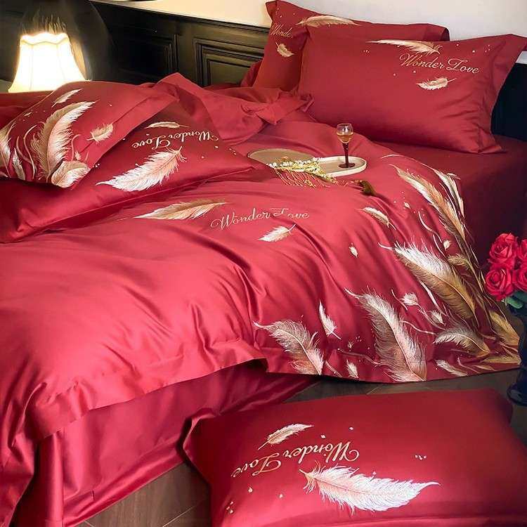 高端婚庆全棉超柔四件套精美羽毛刺绣红色结婚纯棉被套床品婚嫁,3C数码配件,其它配件,淘宝优惠券,粉丝福利购,淘宝优惠卷