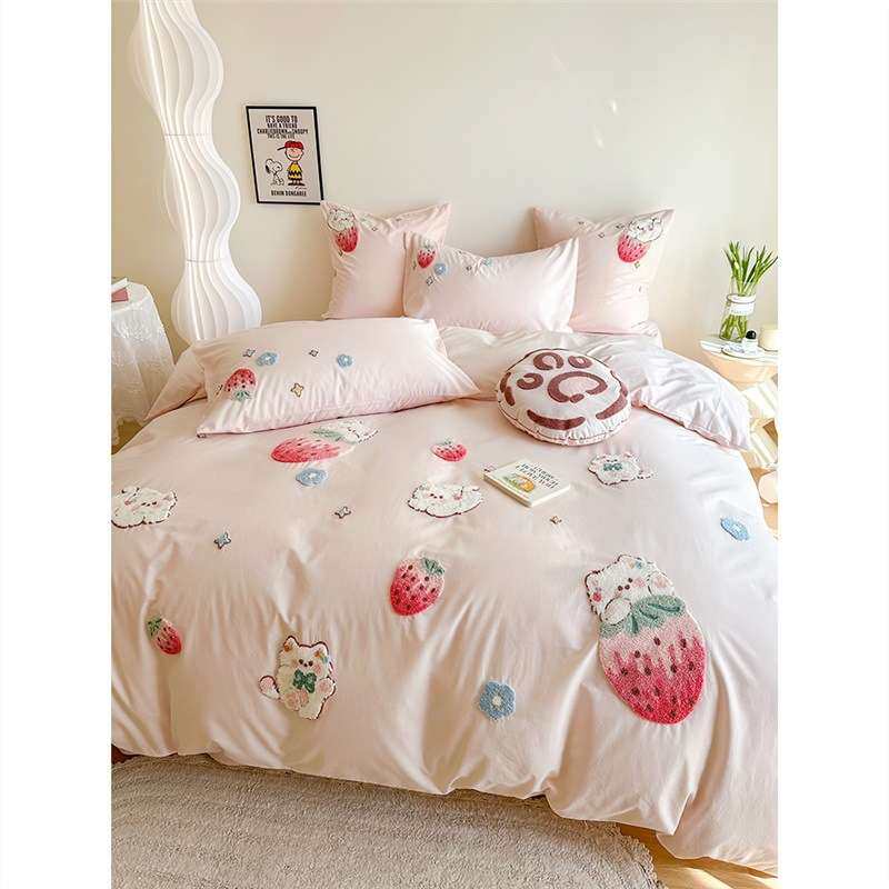 可爱猫咪60支全棉水洗棉四件套少女心草莓毛巾绣被套纯棉床上用品