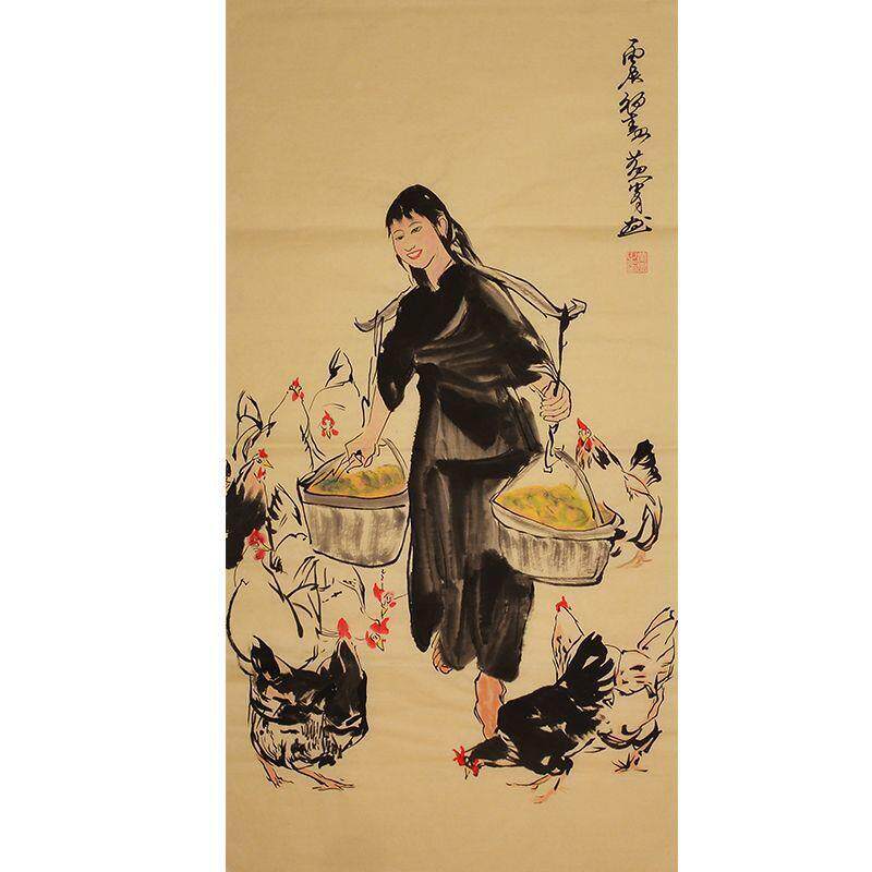 名家黄胄人物画国画纯YPI绘字画四尺条书幅客厅房挂收墙手藏壁画