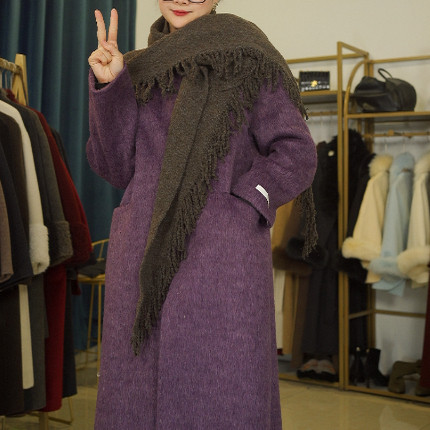 【27839】苏力长毛带三角围巾套装长款竖插横袋秋冬保暖羊毛大衣