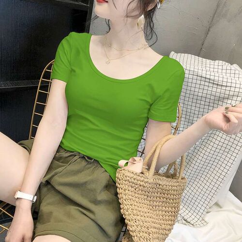 White ort-sleeved T-irt Womens Summer Solid Color Slim-fit