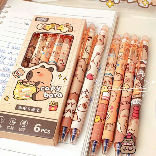 6Ps Cute Capybara Erasable Pen Blue Ink Writing Smooth Quik-
