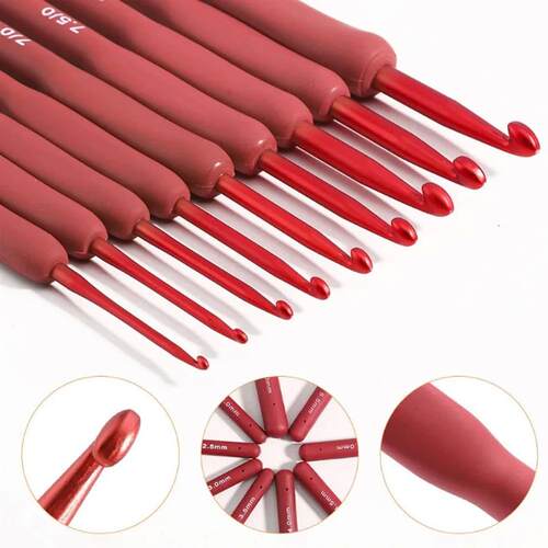 9pcs Red Black Crochet Hooks Needle Silicone Handle Aluminum
