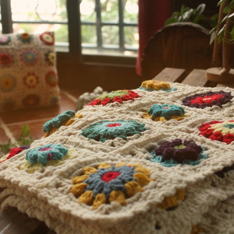 森女纯手工钩织毯毛线钩花拼色撞色立体花朵毯子 沙发靠背巾床毯,床上用品,休闲毯/毛毯/绒毯,淘宝优惠券,粉丝福利购,淘宝优惠卷