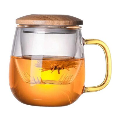 Glass Tea Infuser Cup With Transparent Filter Bamboo Lid