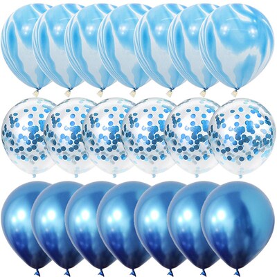 40 Pcs Blue Set Agate Marble Balloons Silver Confetti Balloo