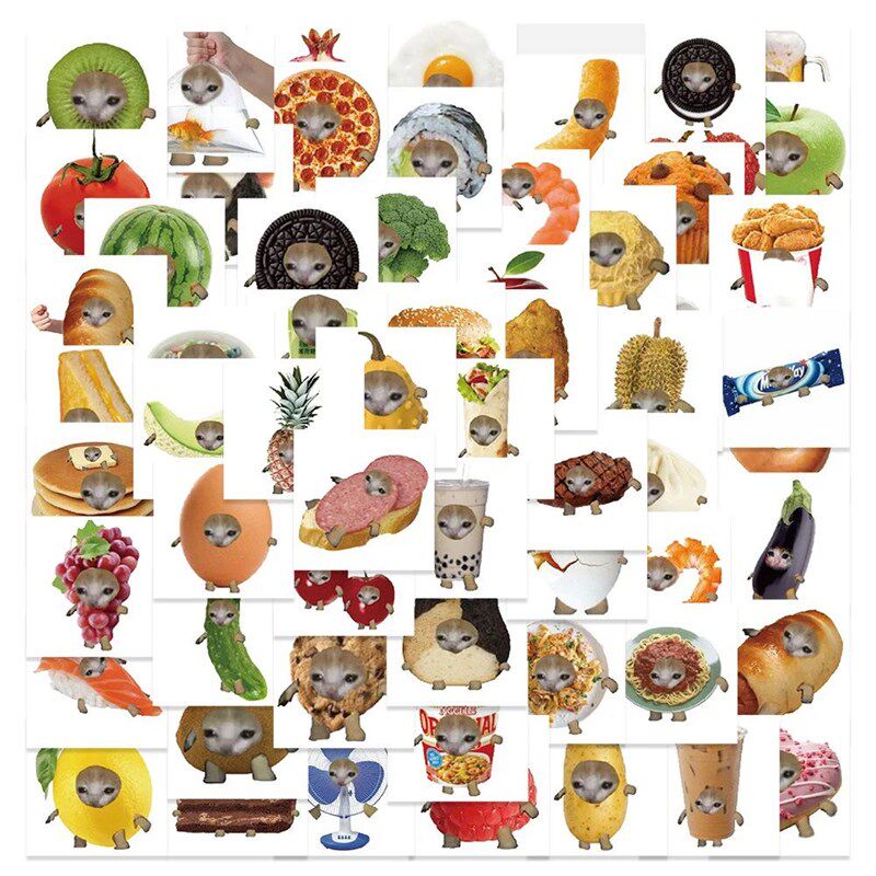 69pcs Cute Funny Cat And Food Meme Stickers Decals Skateboar - 实物图