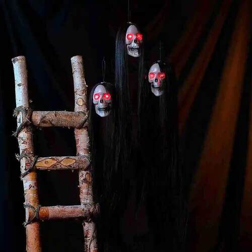 Scary Halloween Hanging Ghost Skull with Long Hair Glowing E