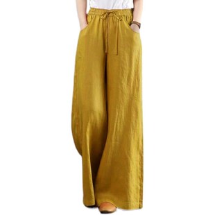 Casual Wide Linen High Trouser Cotton Waist Pants Women Leg