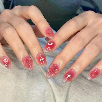 24pcs Pink Fake Nail Patch Sweet Korean Style False Nails Fu