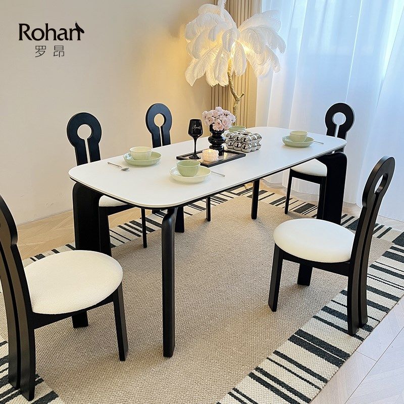 法式复古大象腿餐桌白蜡木全实木纯白岩板家用长方形饭桌侘寂风,住宅家具,岩板餐桌,淘宝优惠券,粉丝福利购,淘宝优惠卷