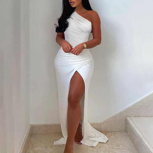 2021 Summer Elegant Solid One Shoulder High Split Thigh Ruch