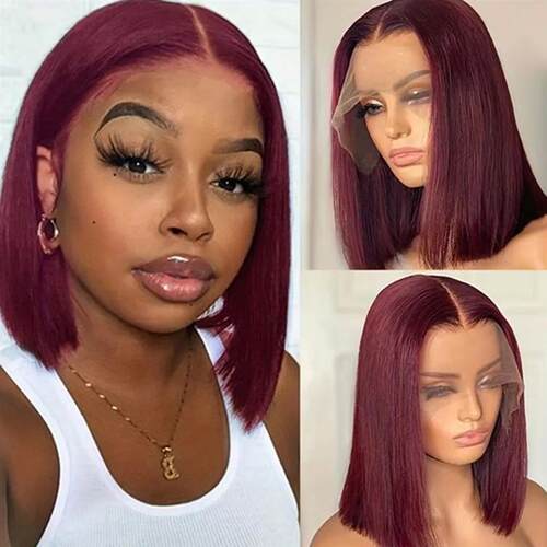 Burgundy HD Transparent Short Bob Human Hair Wigs Peruvian 9