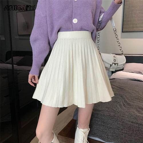 Ashgaily Knit Pleated Skirt Women High Waist Sweater Skirts