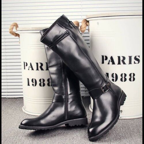 British Mens Black Leather Knee High Boots Desiger Zip Long