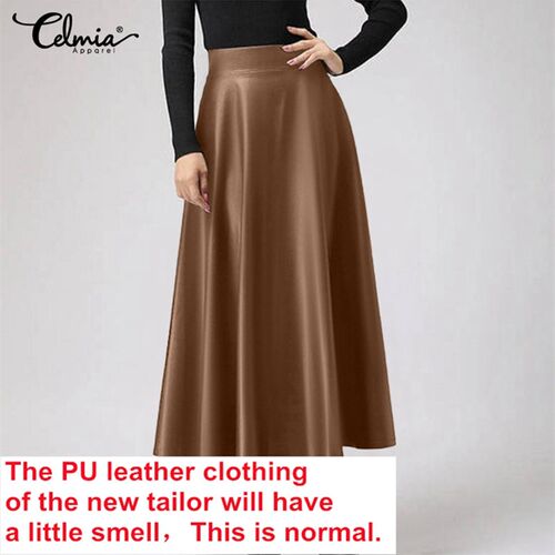 Women Long Skirts Autumn Leather PU Skirt Celmia 2022 Solid