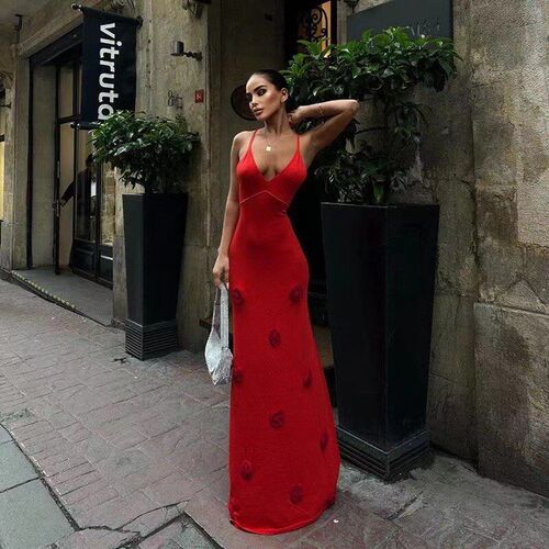 European Womens Fashion Knitted Embroidered Strappy Dress
