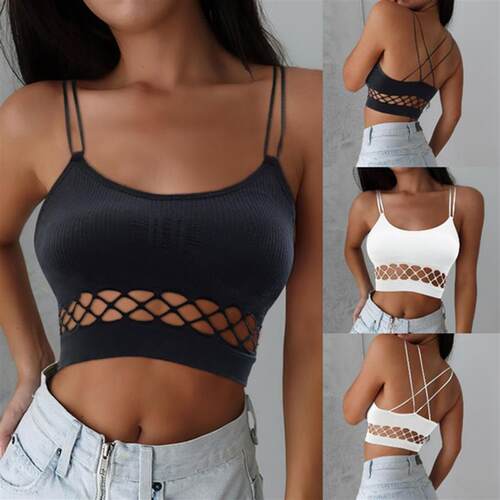 2021 Summer Fashion Black Crop Top Women Hollow Out Sleevele