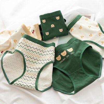 Cartoon Bear Dots Stripe Cotton Panties Womens Underwear Lo