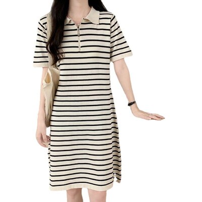 Spring and Summer Vintage Striped Knitted Dress Womens Polo