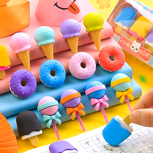 4pcs Yummy Dessert Erasers Set Mini Lollipop Icecream Popsic