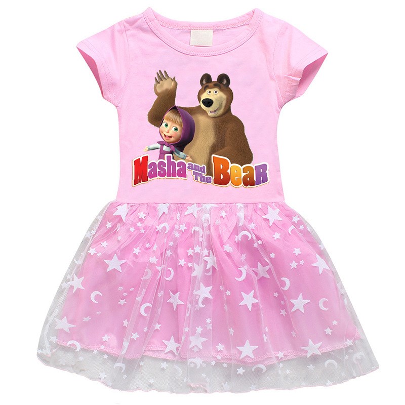 Summer Kids Dresses for Girls Cartoon girl and The Bear Shor图片