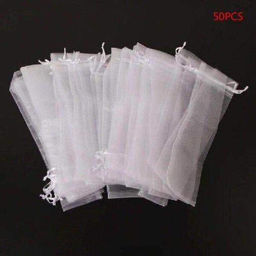 50 Pcs White Drawstring Organza Folding Hand Fan Party