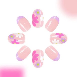 24Pcs Pink Flower Short Almond Press-on Nails Set Glossy Acr