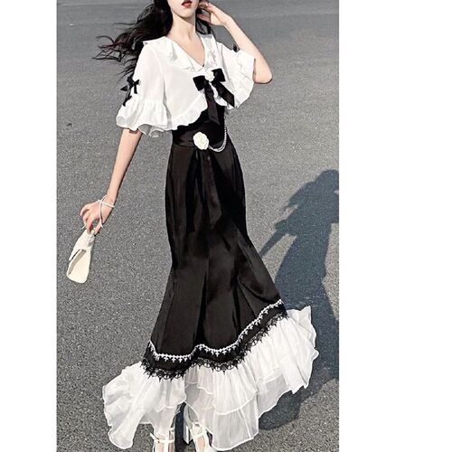 French Vintage Fairy Dress Women Lace Korean 2 Piece  Dress