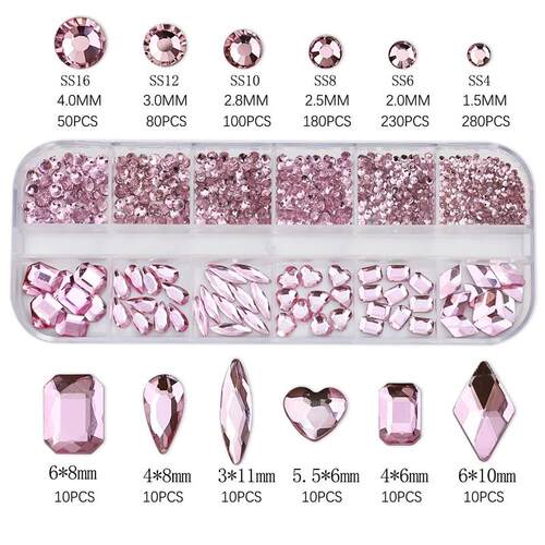 12Grids Pink Mixed Nail Rhinestones Luxury Nail Charms