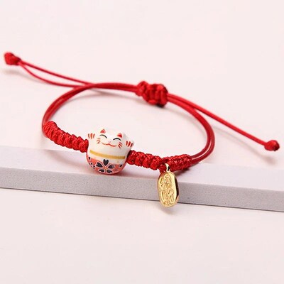 Simple Ceramic Lucky Cat Braided Bracelet for Women Cute Ani