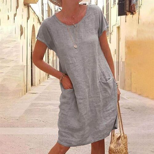 Plus Size 5XL Women Dress Casual Solid Color Short Sleeve O