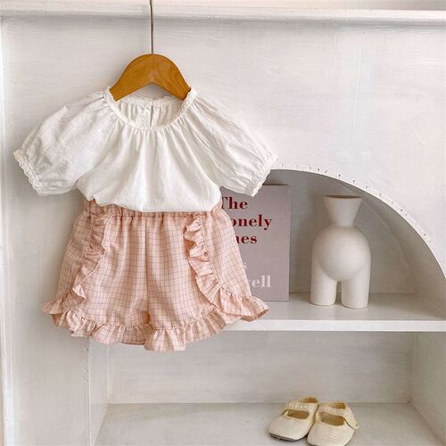Summer Ins Baby Fresh Lantern Sleeve Buckle Top + Plaid Shor