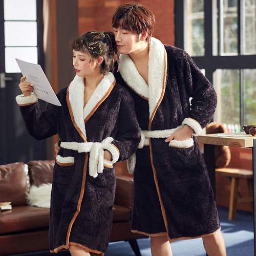 Men Winter Long Coral Fleece Bathrobe Kimono Thick Warm Flan