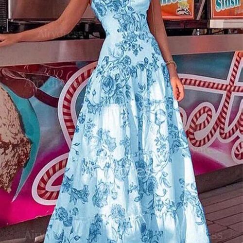 Summer Spring Floral Print Loose Maxi Dress Casual Tie-Up St
