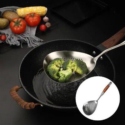 304 Stainless Steel Slotted Spoon Wooden Long Handle Frying