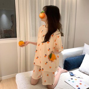 Cute Orange Fruit Print Summer Pajamas Set For Women Girls L