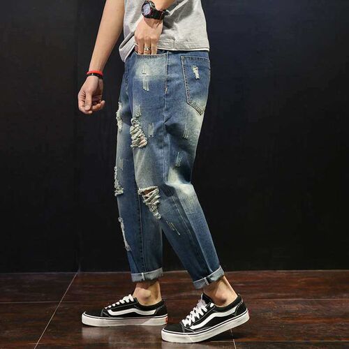 Spring Mens Ripped Jeans tendy Cropped Harem Pants Young Lo